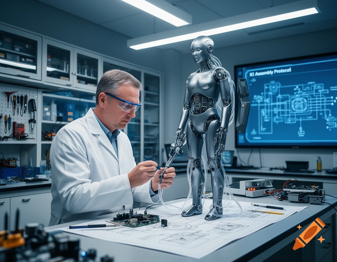 A scientist in a lab coat and safety glasses works on a silver humanoid robot, with a screen displaying assembly protocols in the background.