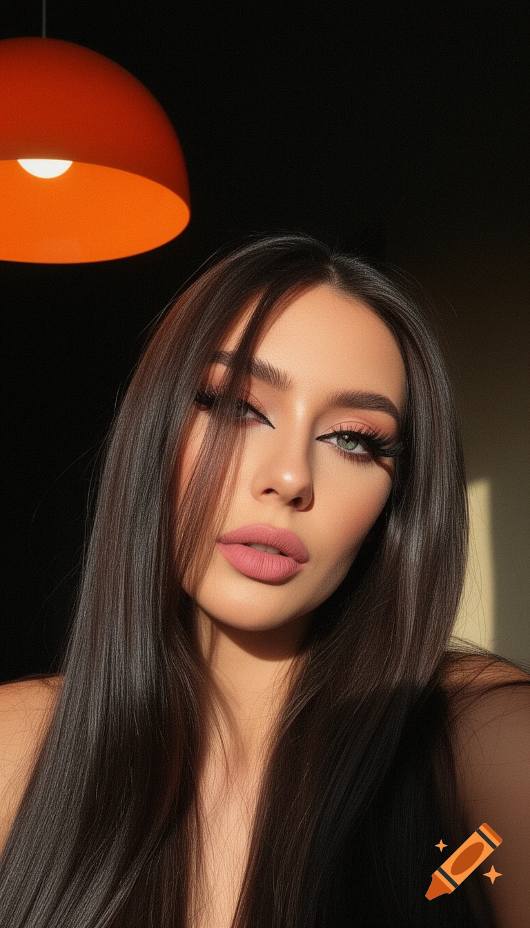 Close-up photorealistic portrait of a woman with long dark hair, striking eye makeup, pink lips, and an orange lamp overhead.