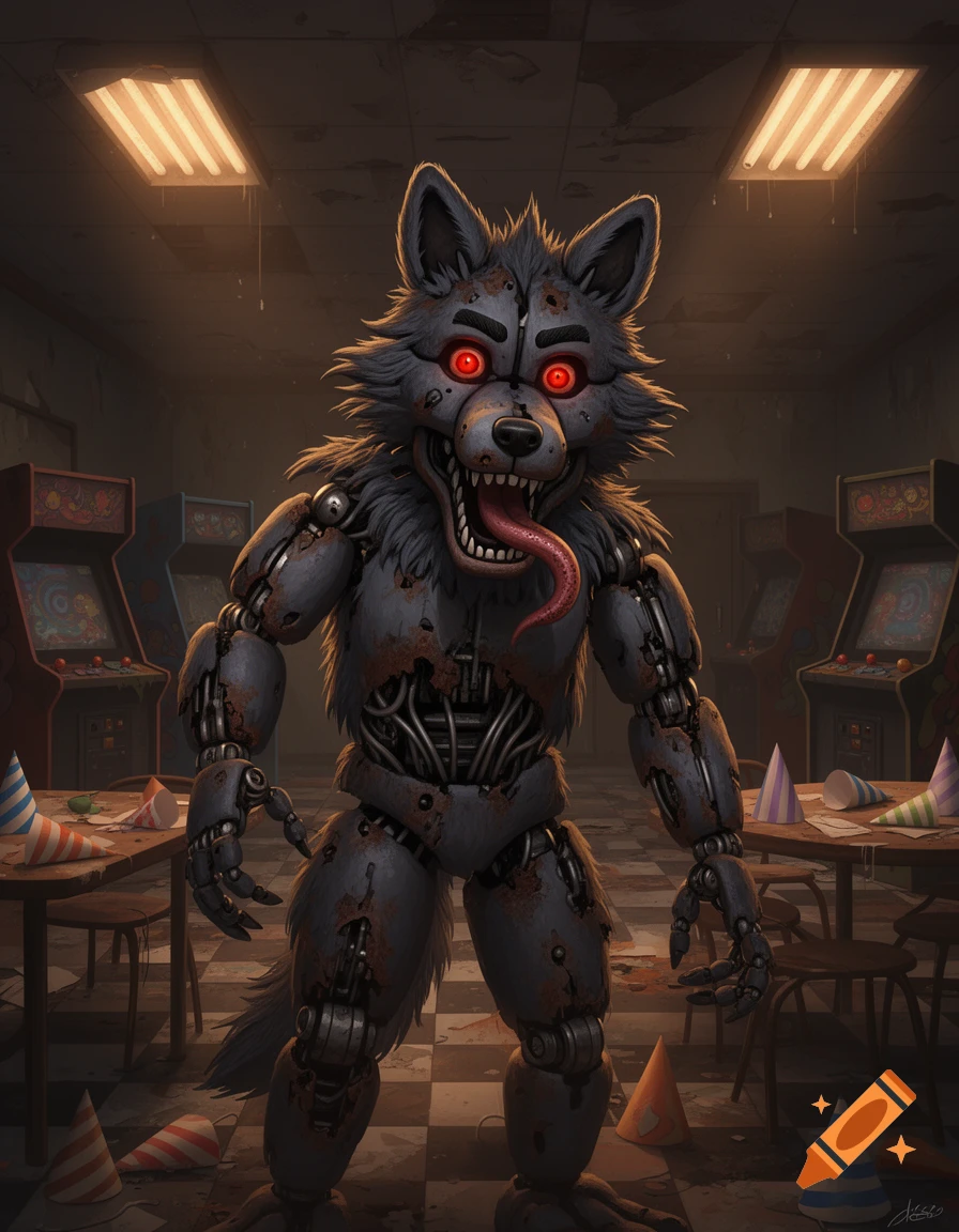 A scary wolf animatronic with glowing red eyes, sharp teeth, and a long tongue stands in a dilapidated arcade, surrounded by scattered party hats.