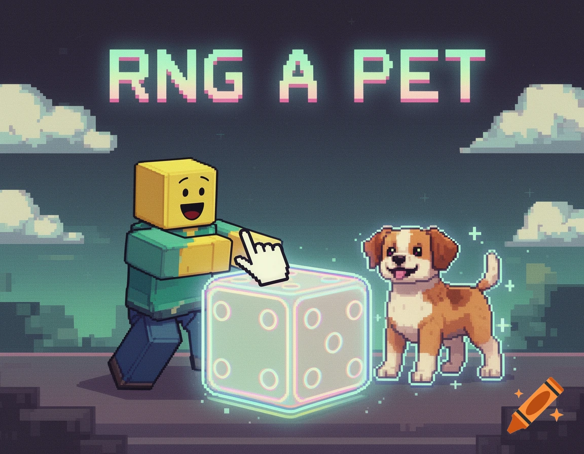 Pixel art of a Roblox-style character pointing at a glowing dice, with a happy dog beside it, under the text "RNG A PET".