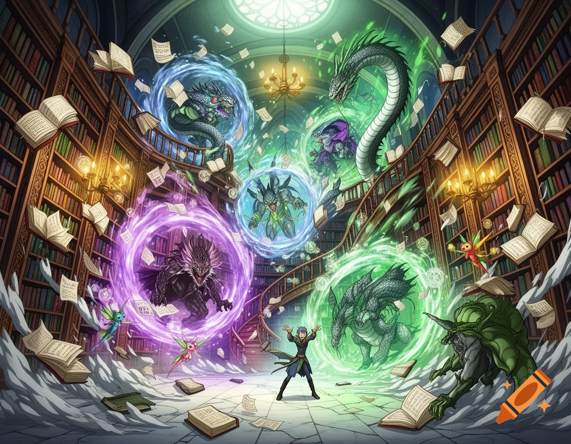 An anime wizard summons various elemental monsters in a chaotic, ornate library with books flying everywhere.
