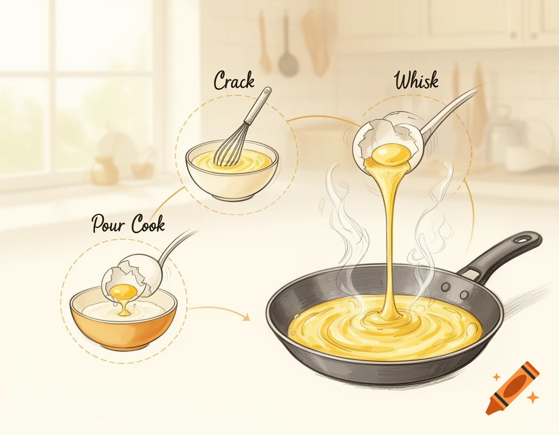 Illustration showing steps to cook eggs: cracking into a bowl, whisking, and pouring into a hot pan in a kitchen.