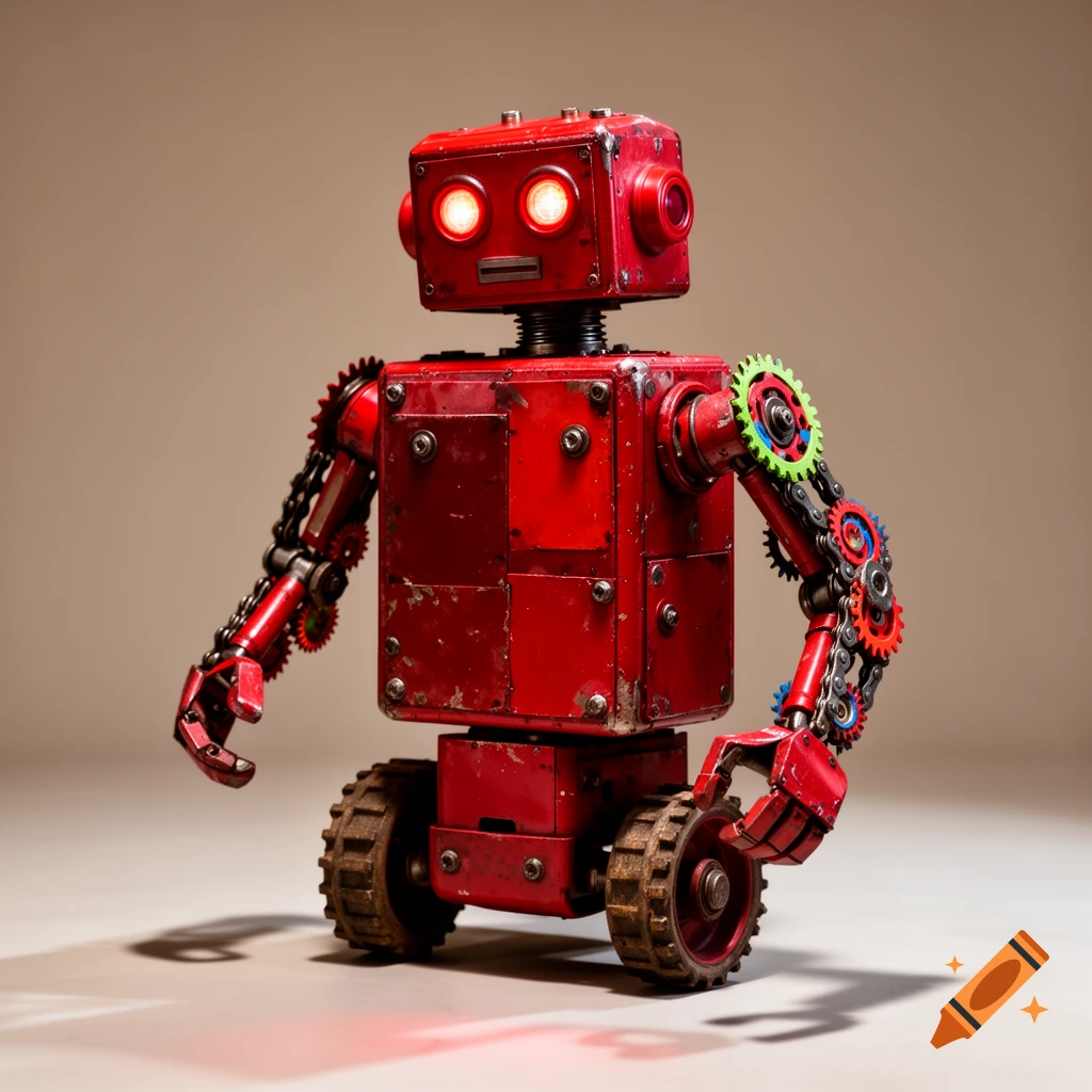A rustic red robot made of recycled metal, chains, and gears, with glowing red eyes, stands against a soft brown background.