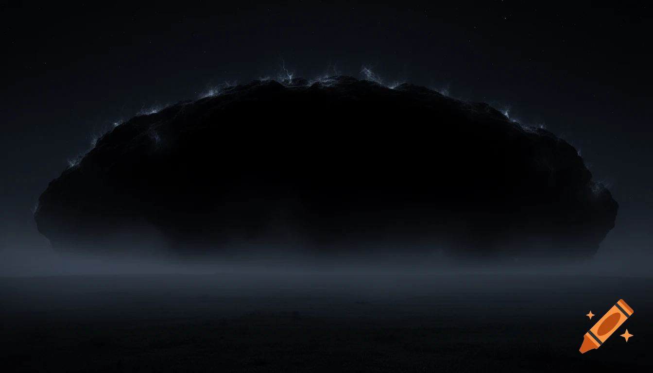 A dark, ominous landscape with a colossal black object silhouetted against a star-filled night sky, emitting faint electrical sparks along its top.