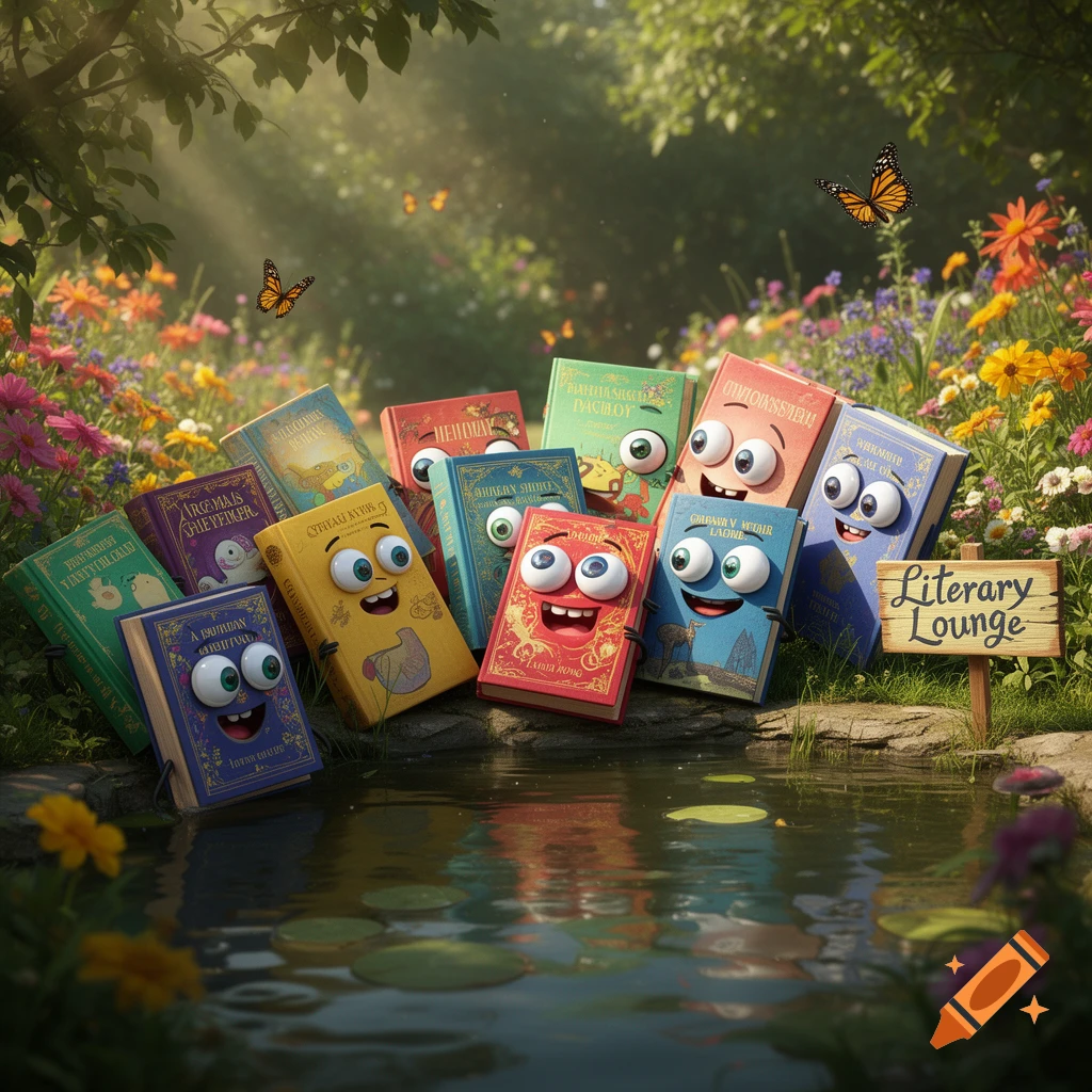 Anthropomorphic books with googly eyes and mouths piled by a pond in a vibrant, sun-dappled forest, with a "Literary Lounge" sign and butterflies.