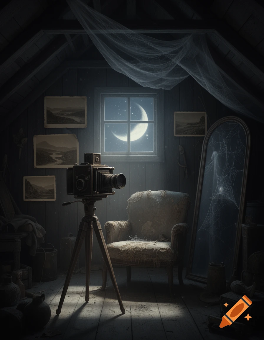 A dark, dusty attic with a vintage camera on a tripod, an old armchair, and a crescent moon visible through a window.