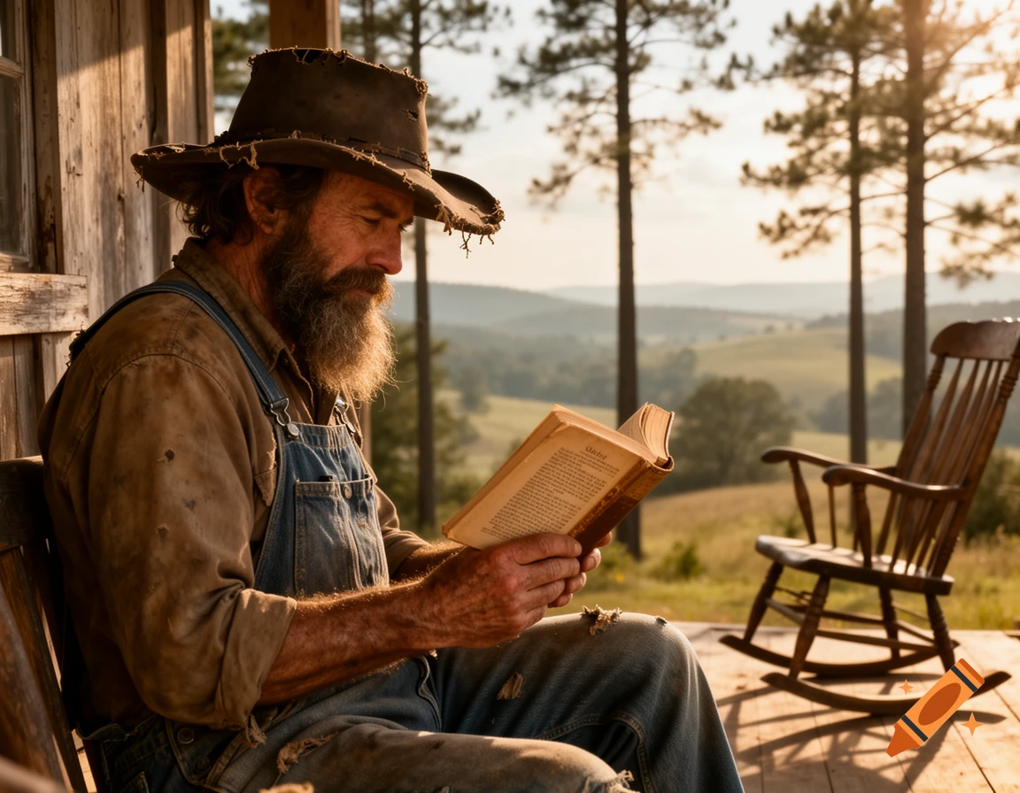 A bearded man in a worn hat and overalls reads a book on a sunlit wooden porch overlooking a rural landscape.