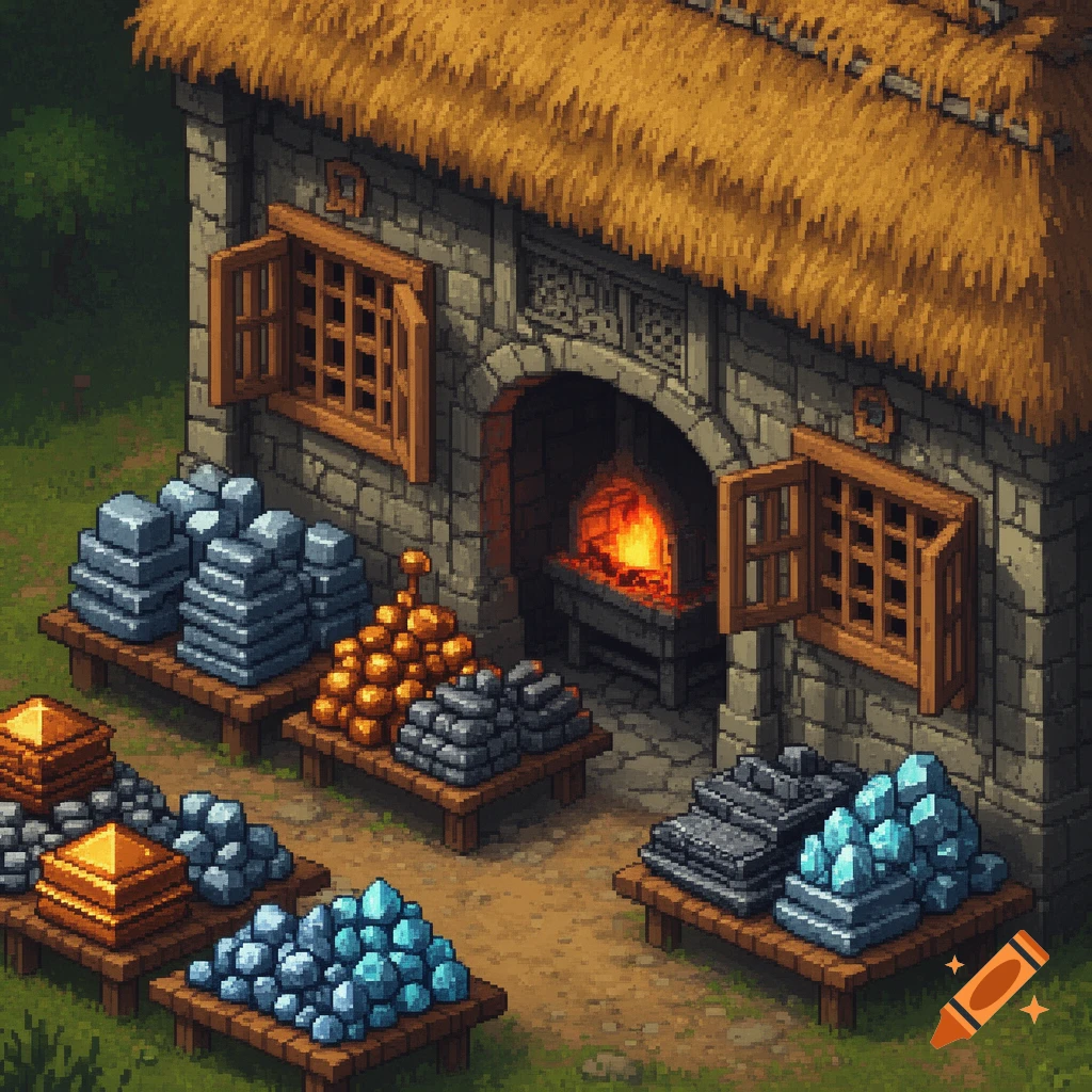 Pixel art isometric view of a medieval smithy with a thatched roof and glowing forge, surrounded by piles of various metal and gem ores.