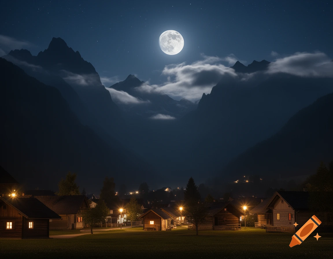 A photorealistic night landscape shows a village with warm lights nestled among dark mountains under a bright full moon and stars.