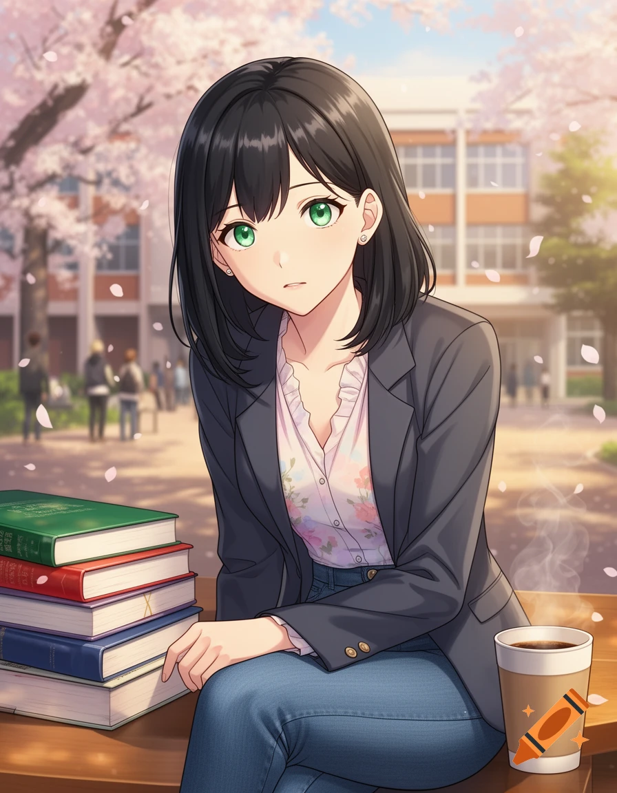 Anime woman with black hair and green eyes sits on a bench with a stack of books and a cup of coffee on a college campus with cherry blossoms.