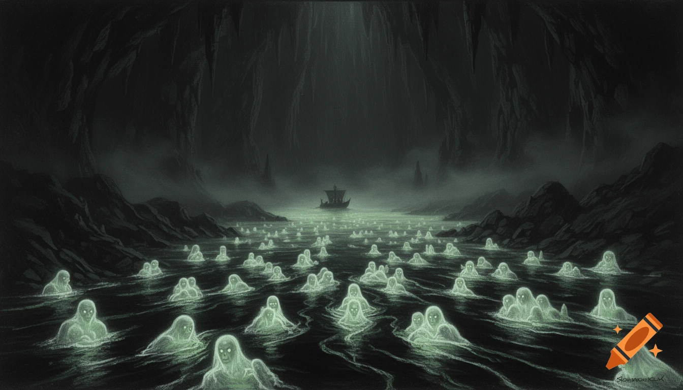 A dark, gloomy painting of a subterranean river filled with countless translucent, glowing green ghost-like figures, with a small boat in the distant mist.