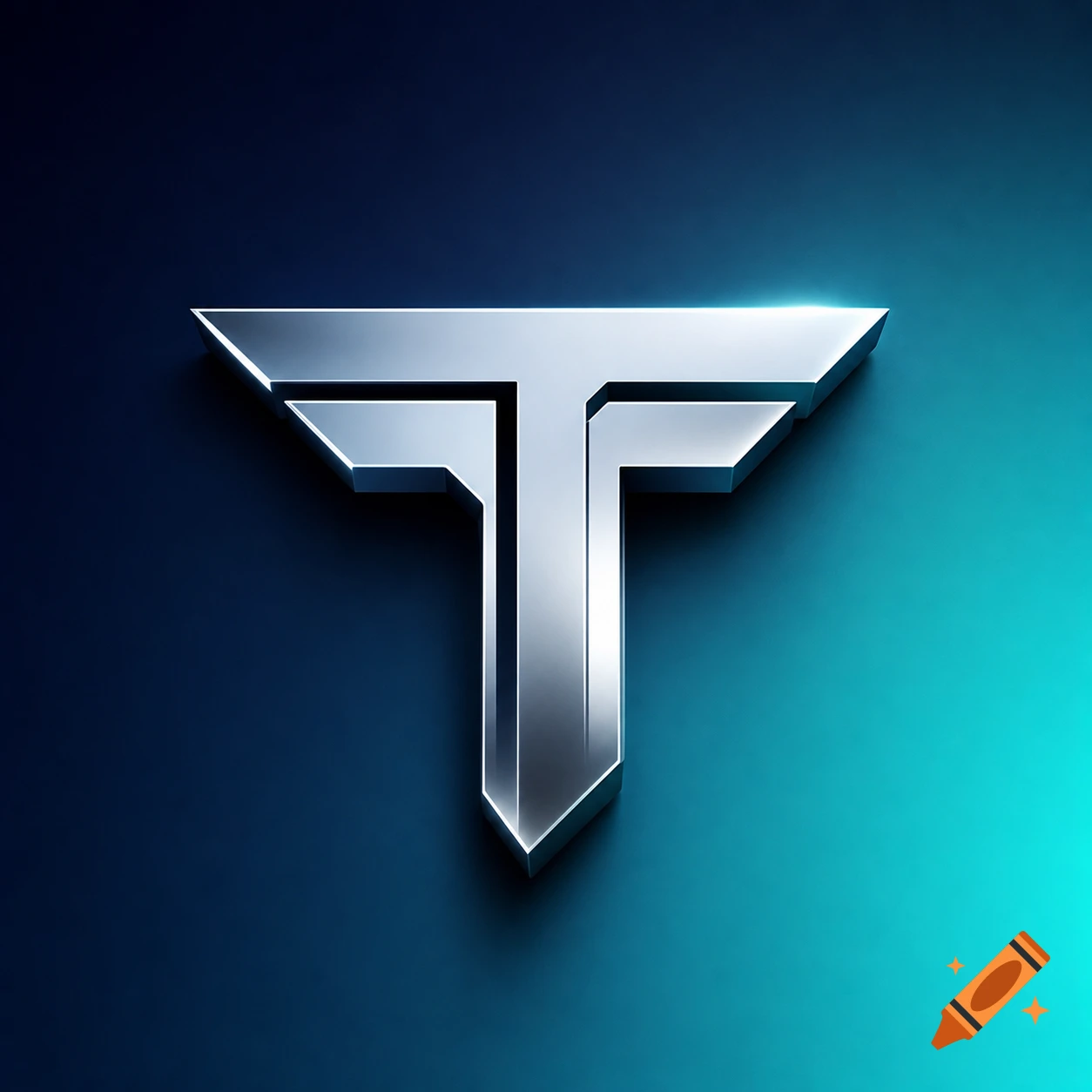 A sleek, metallic 3D letter T logo with sharp angles, set against a dark blue to teal gradient background.