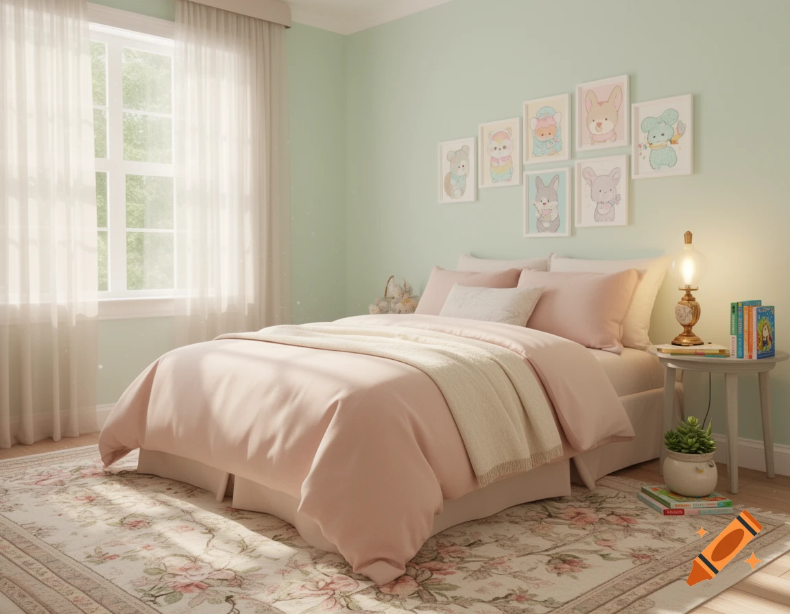 A bright, cute bedroom with mint green walls, a pink bed, floral rug, and framed cartoon animal art.