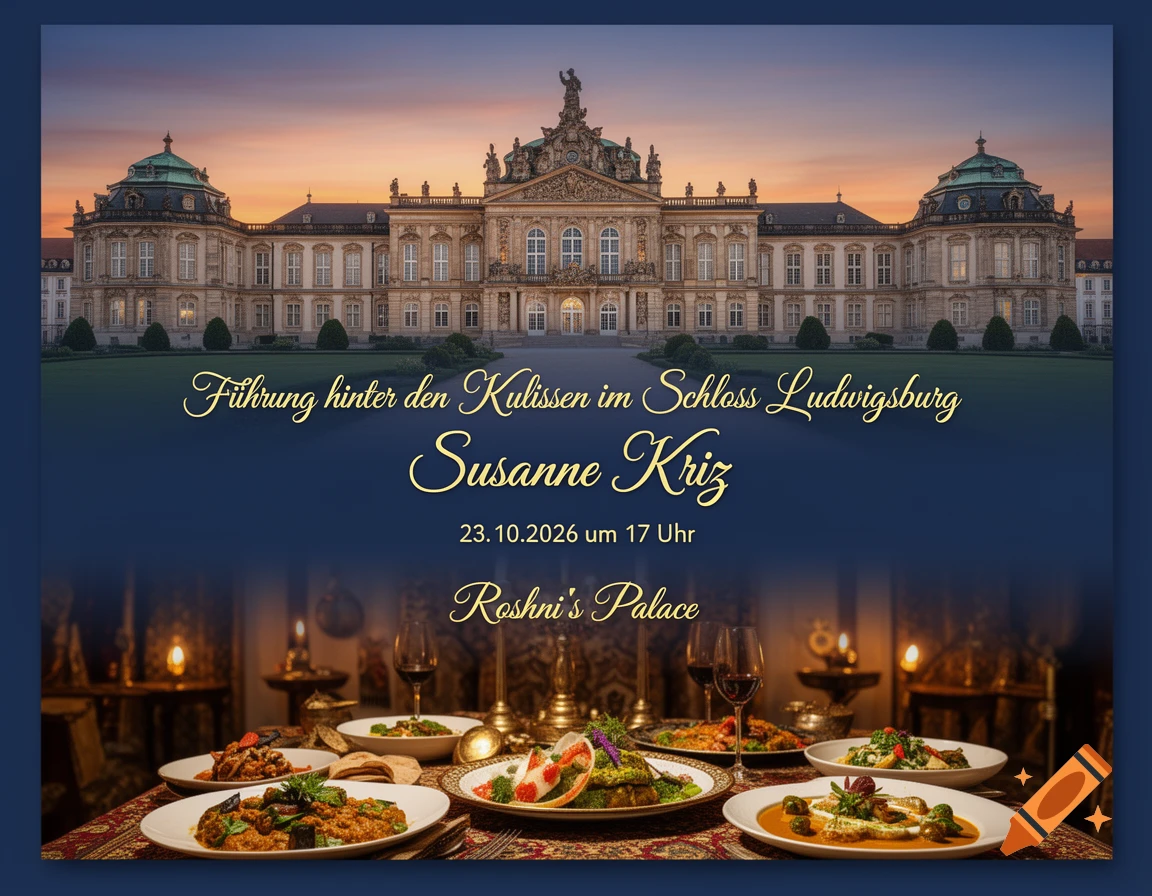 Voucher for a tour of Ludwigsburg Palace at sunset, with a richly decorated table laden with Indian food in the foreground.