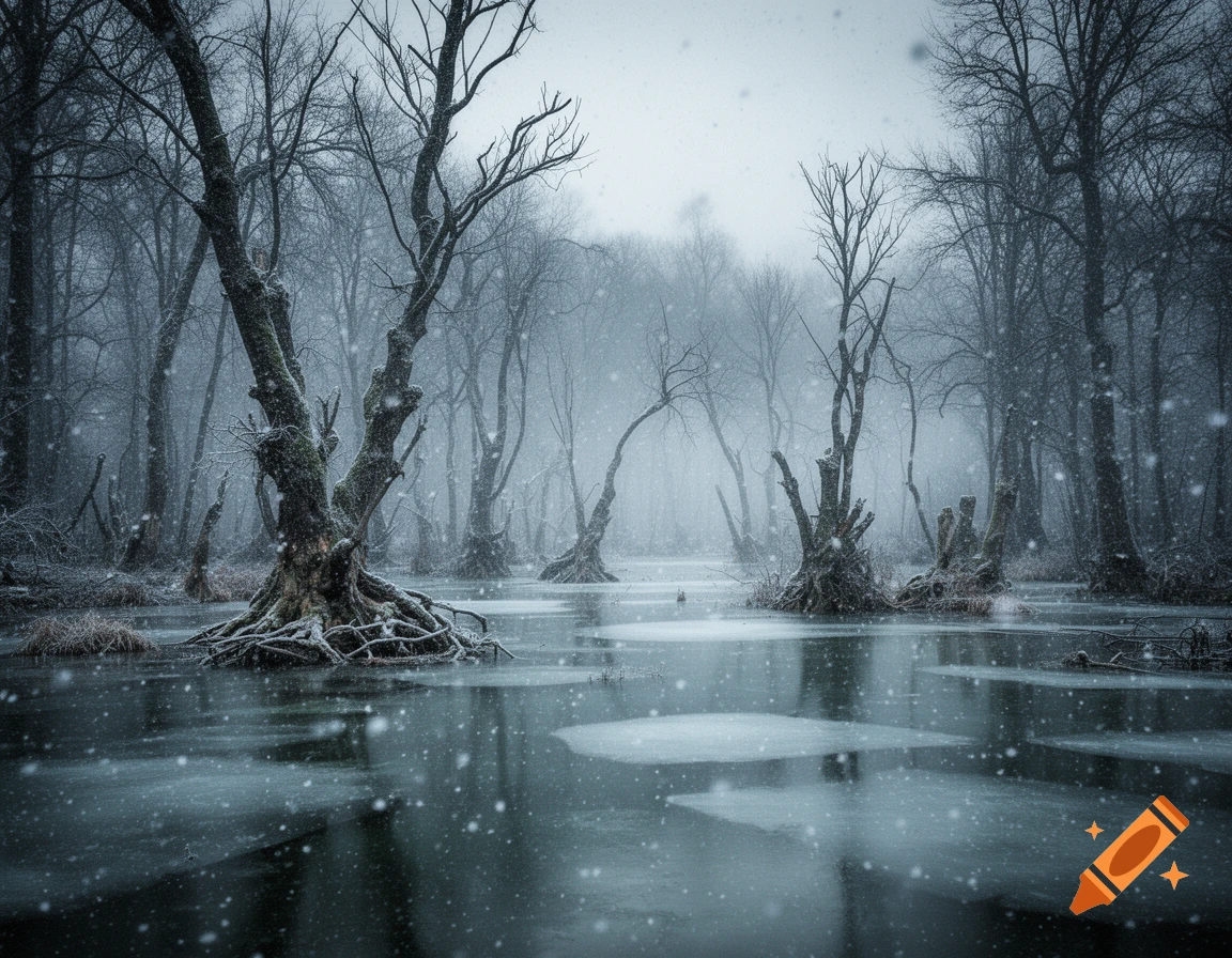 A dark, eerie, icy swamp with bare trees covered in snow and mist under a grey sky, with snowflakes falling.