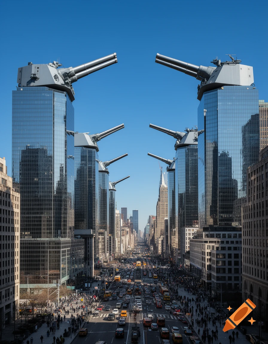 Photorealistic city street view with skyscrapers featuring battleship guns on their roofs, bustling traffic, and pedestrians.