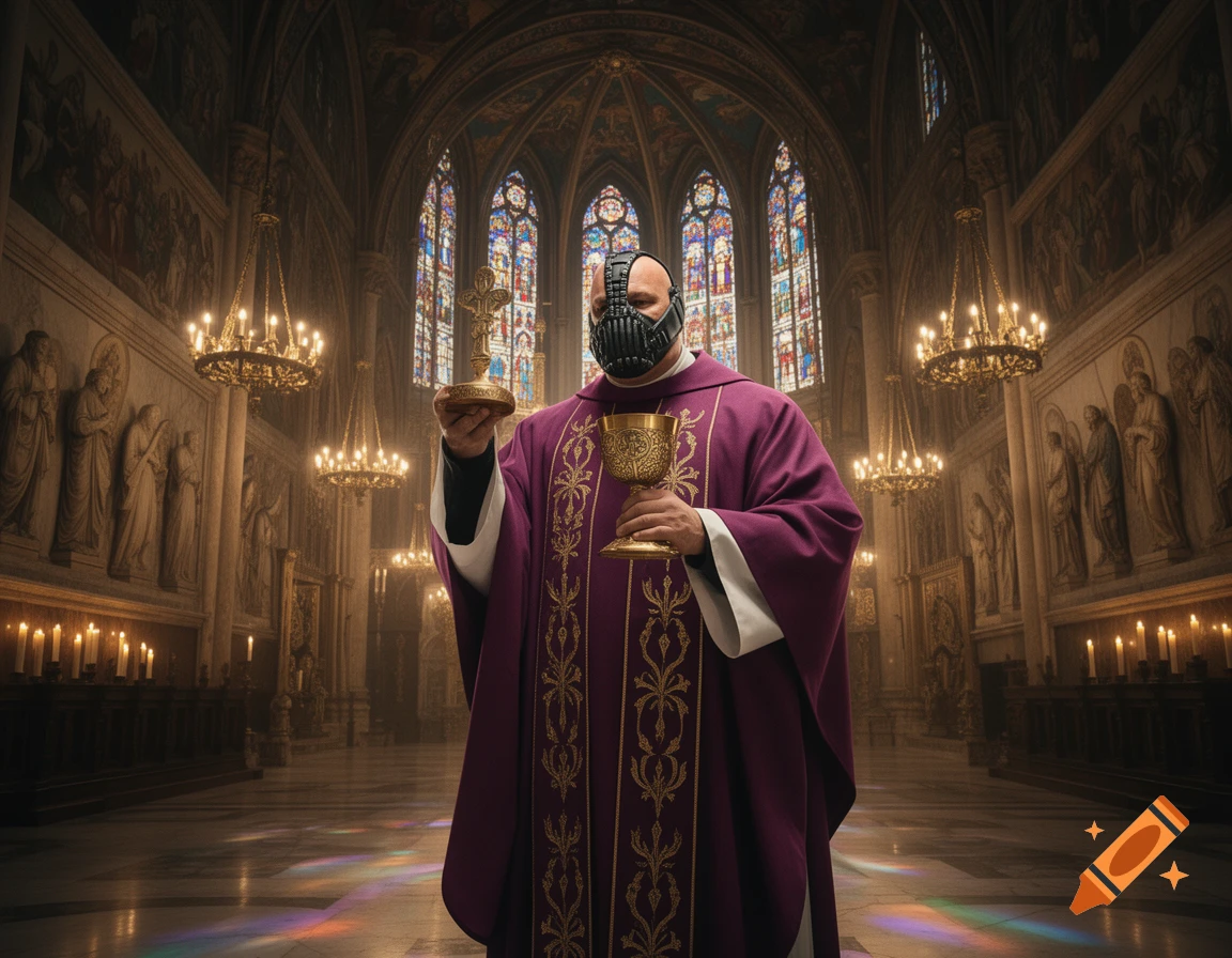 Bane in a black mask and purple priest robes stands in a grand church, holding a golden chalice and ornate crucifix.