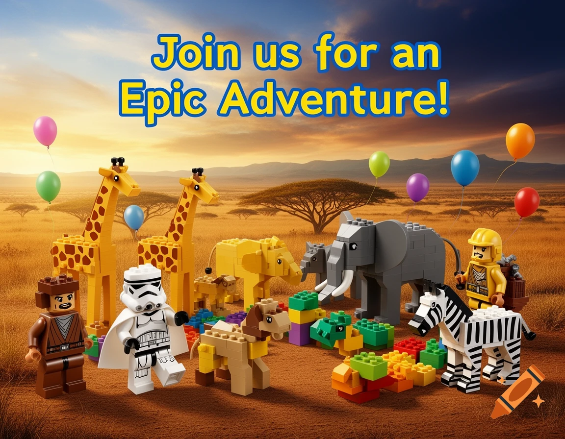 Lego Star Wars figures and safari animals gather in a savanna landscape with balloons and text reading 'Join us for an Epic Adventure!'.