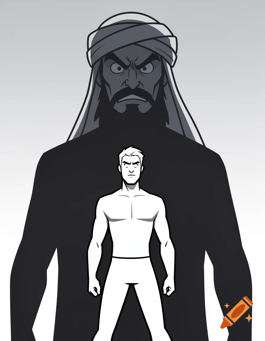 Minimalist comic style drawing of a heroic white protagonist in front of a silhouette of an angry cartoon villain in a turban and beard.