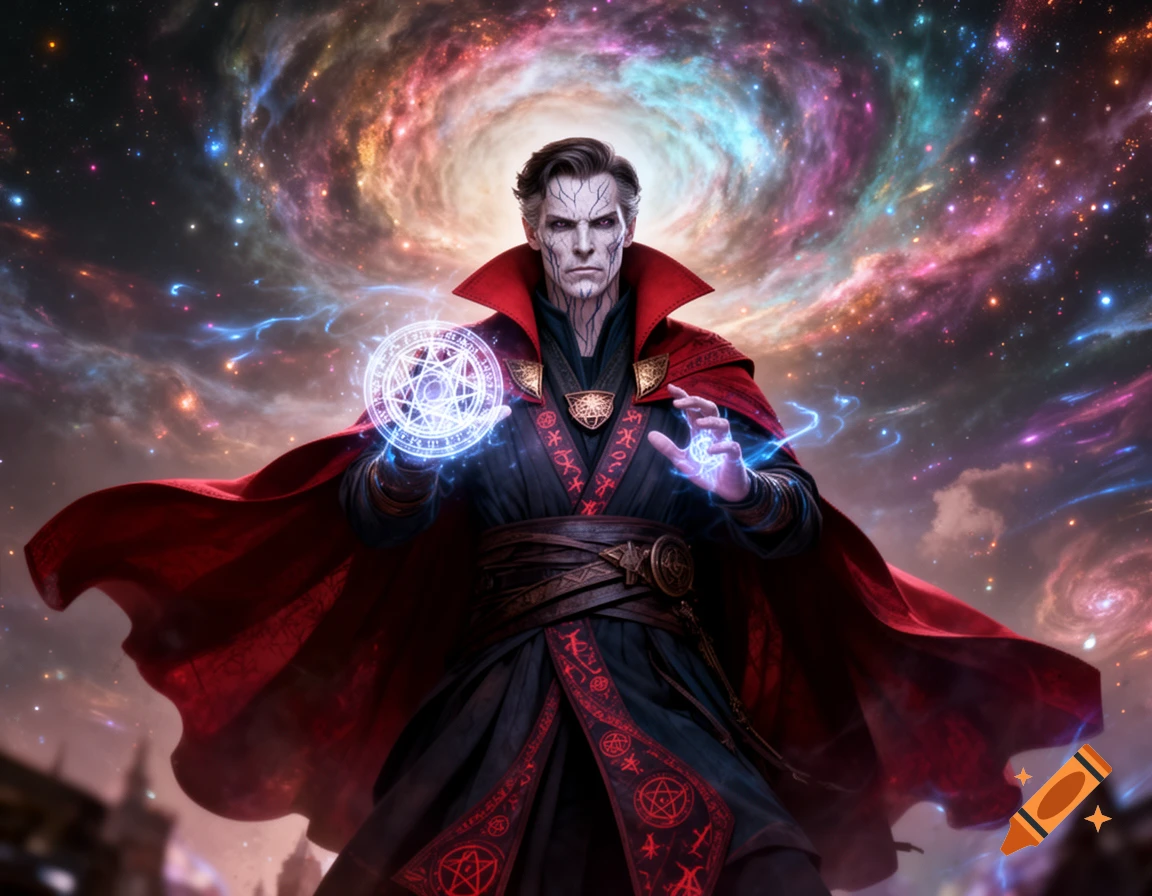 Doctor Strange Supreme in red and black robes casts a magical spell with a glowing symbol in his hand against a swirling galaxy.