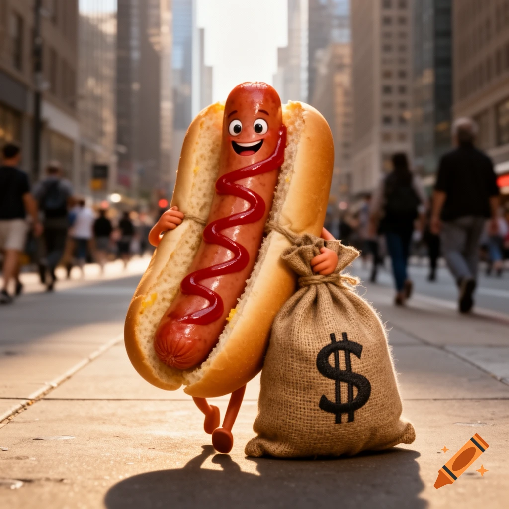 A happy, anthropomorphic hot dog in a bun with ketchup and mustard walks on a sunny city street, carrying a money bag with a dollar sign. Photorealistic.