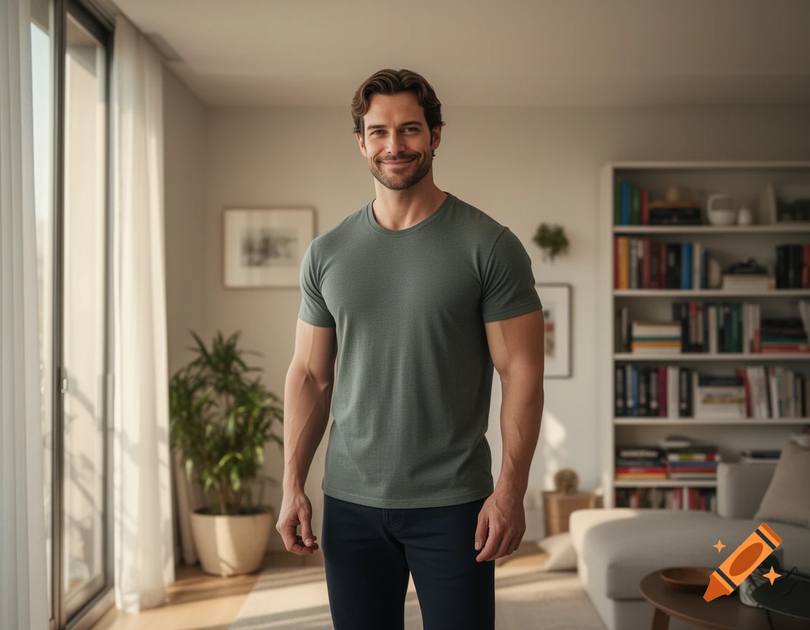 A smiling man with a beard stands in a living room with a bookshelf and a large window.