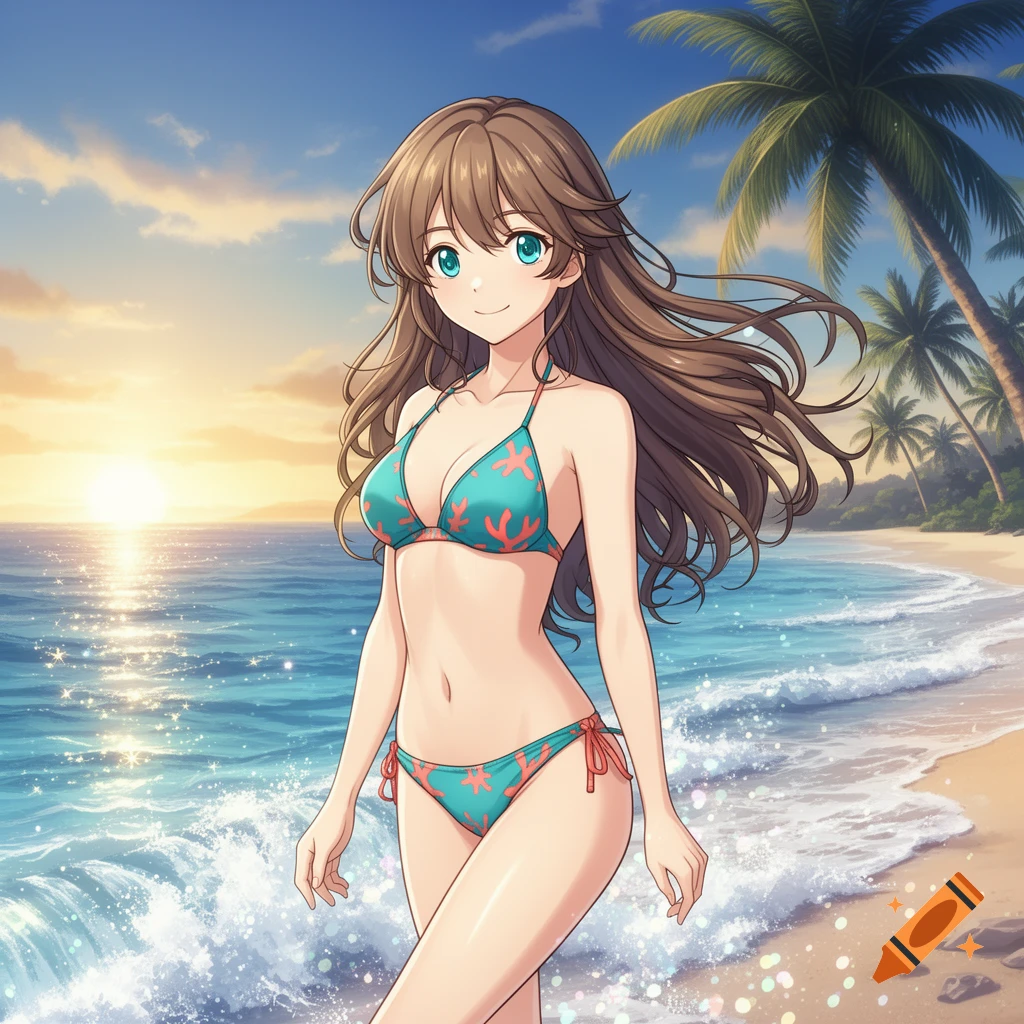 An anime woman with long brown hair and blue eyes smiles in a teal bikini with coral patterns, standing on a sandy beach with ocean waves and palm trees at sunset.