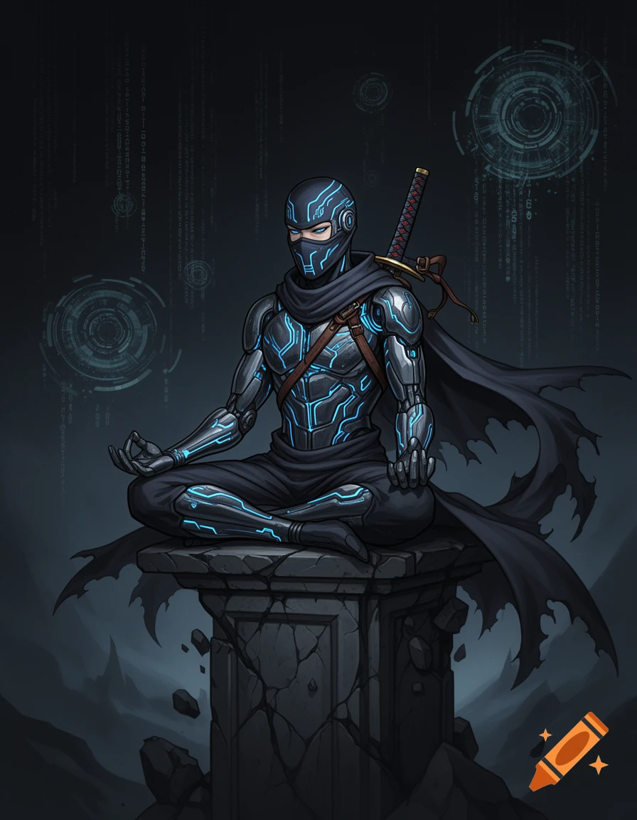 A cyber ninja in a black and glowing blue suit meditates on a cracked stone pedestal, with falling matrix-like code in the dark background, in a digital art style.
