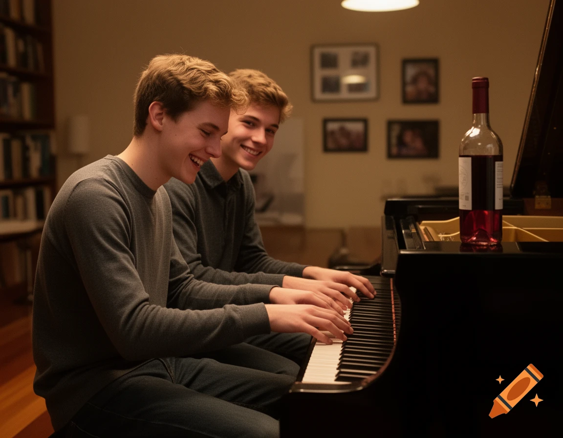 Two smiling young men playing a grand piano in a warm room, a bottle of wine on the piano.