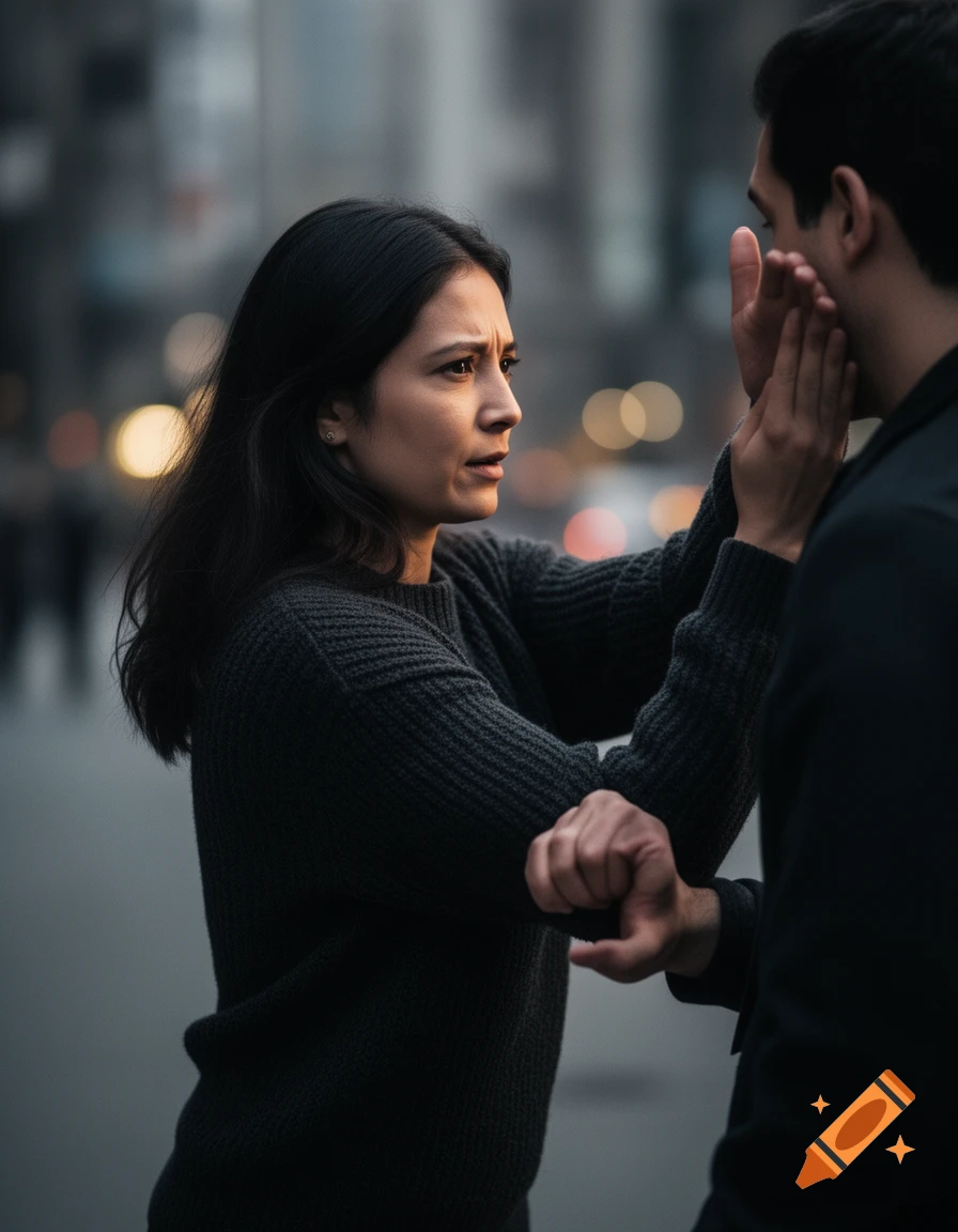 A woman with a distressed expression pushes a man away, her hands on his face and arm, on a city street.