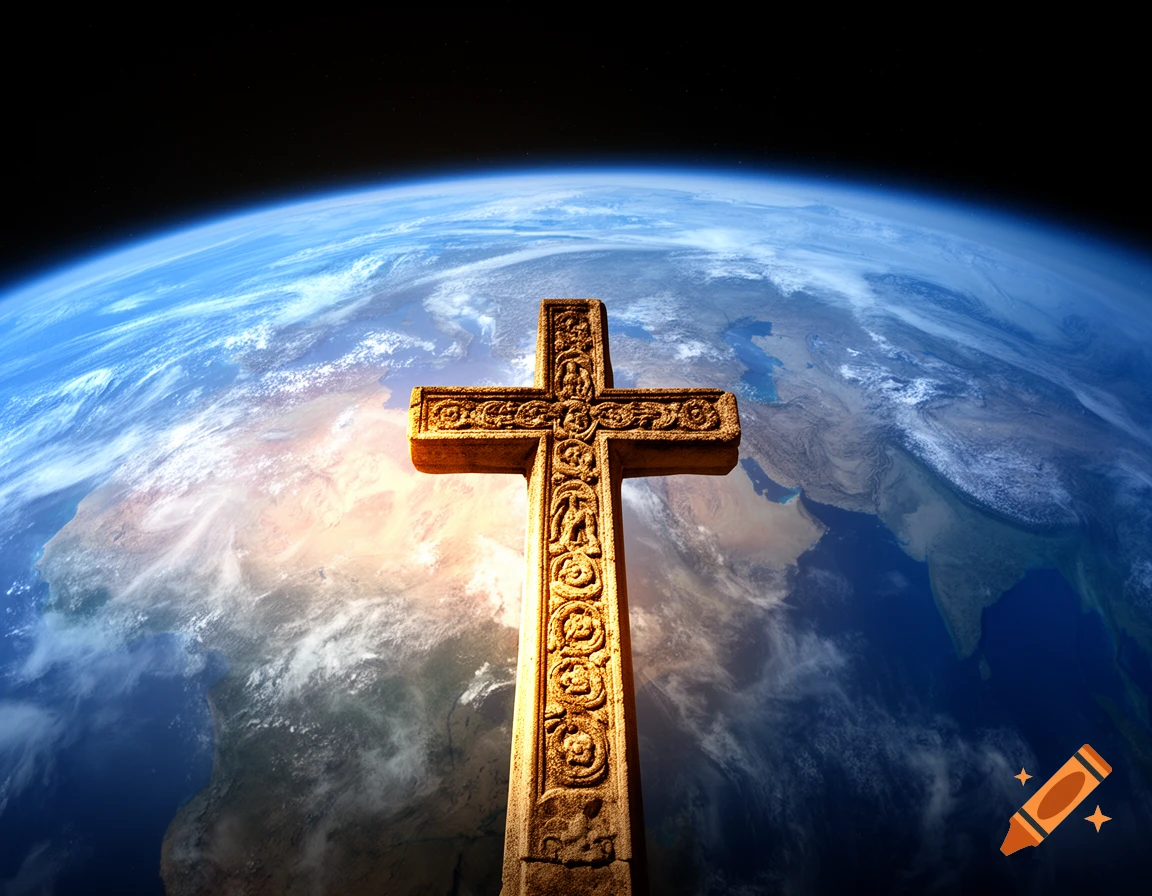 A detailed, carved stone cross stands dramatically lit against the backdrop of Earth from space, with continents visible.