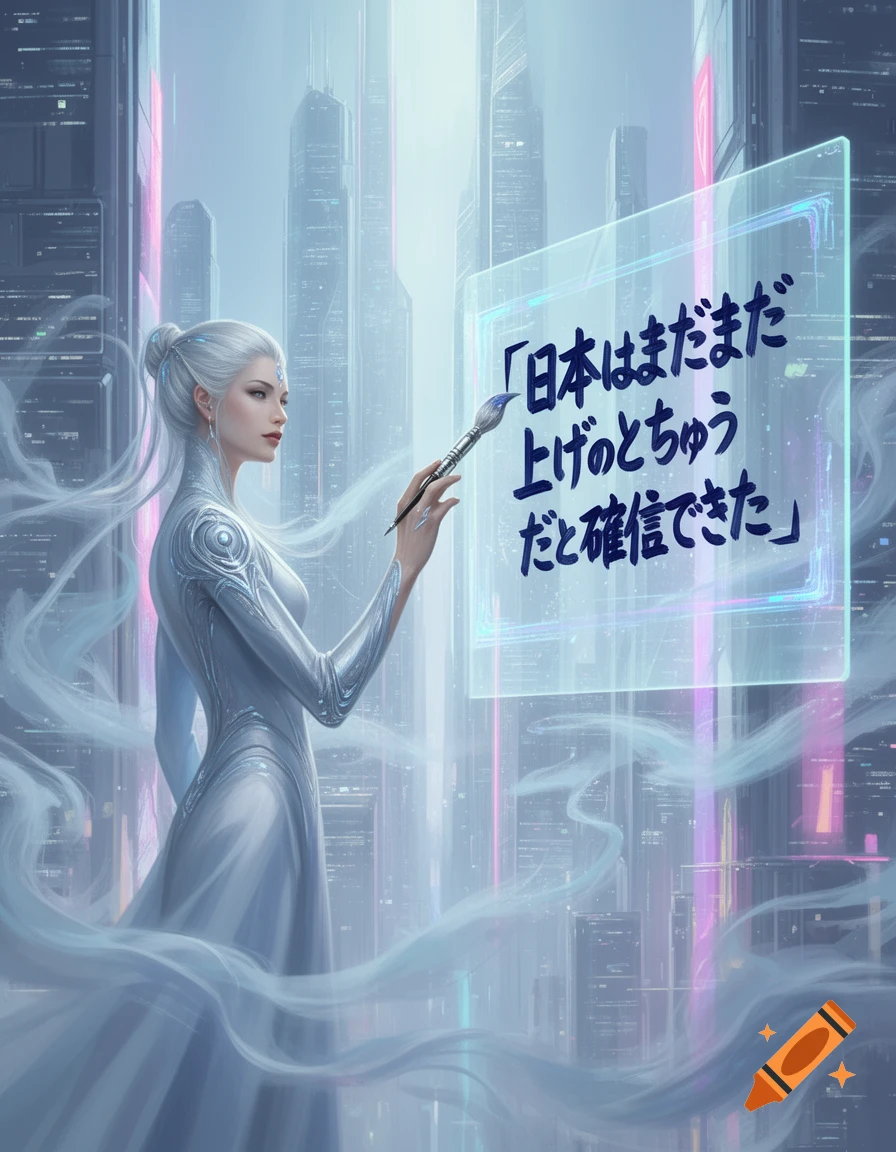 A futuristic woman with white hair writes Japanese text on a glowing holographic screen with a brush, against a backdrop of a futuristic city, digital art.