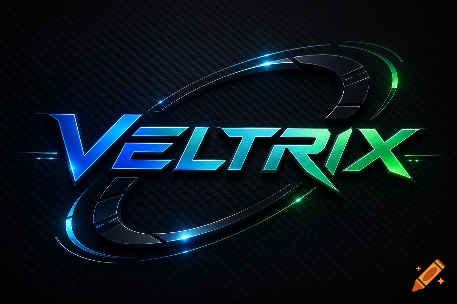 A futuristic metallic logo for 'Veltrix' in blue and green, set against a dark carbon fiber background.