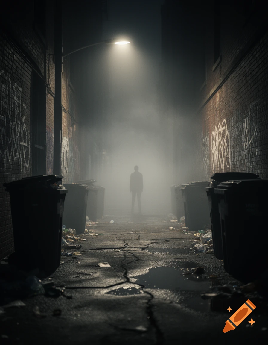 A dark, foggy urban alleyway at night, illuminated by a single street light, with trash bins, graffiti, and a lone silhouette in the distance.