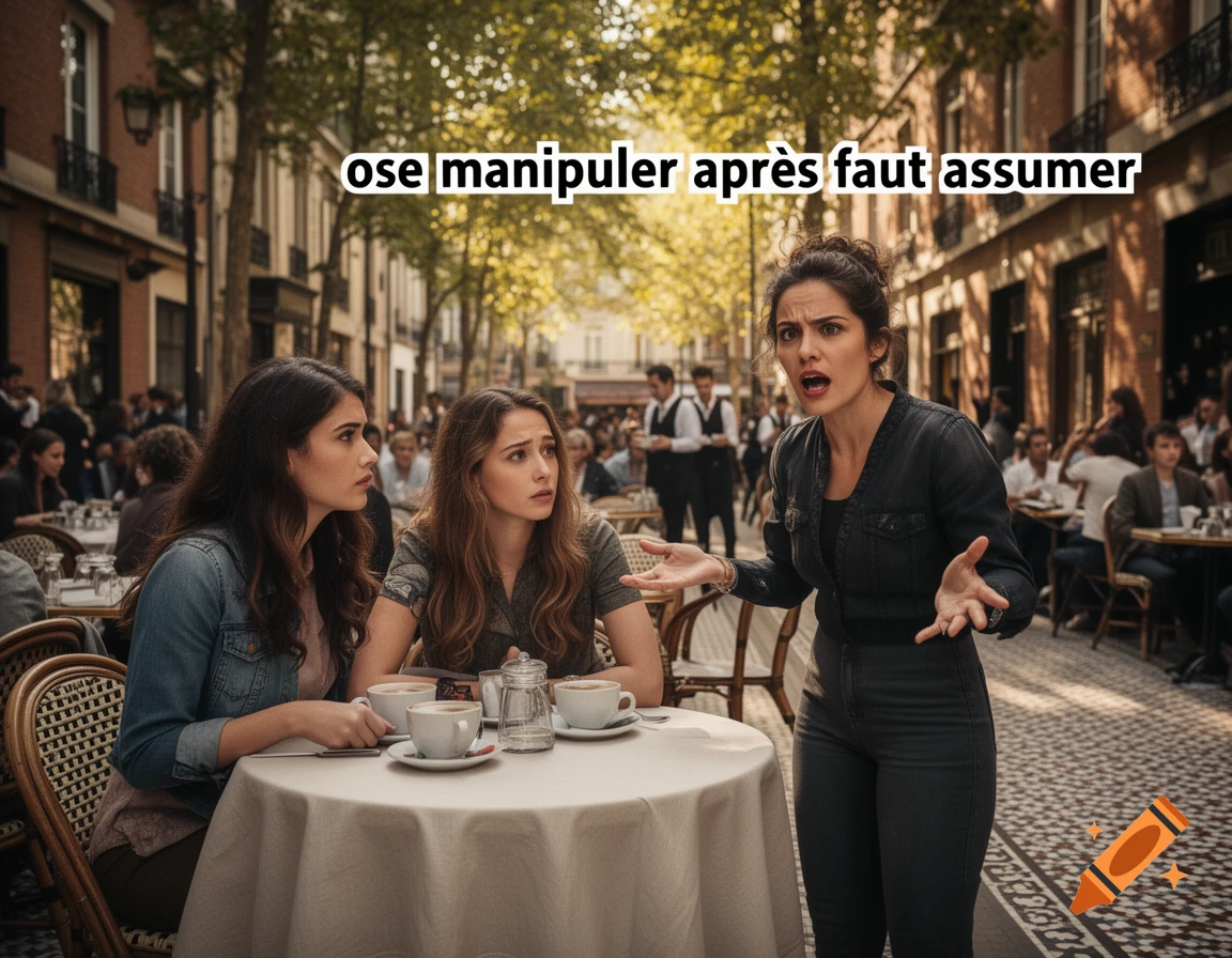 Three women at an outdoor cafe, one standing and gesturing while speaking to two seated women. Text overlay reads 'ose manipuler après faut assumer'.