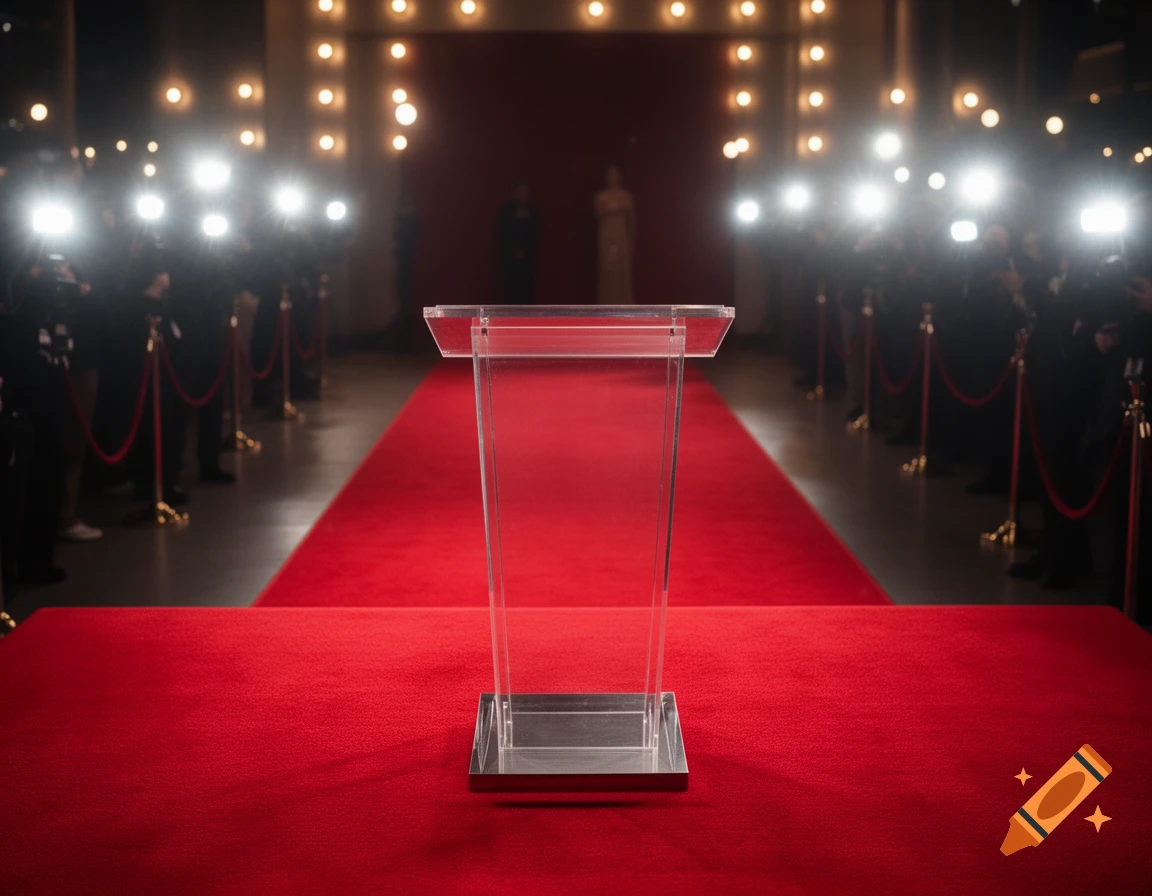 A clear acrylic podium stands on a long red carpet, flanked by blurred photographers with bright camera flashes.