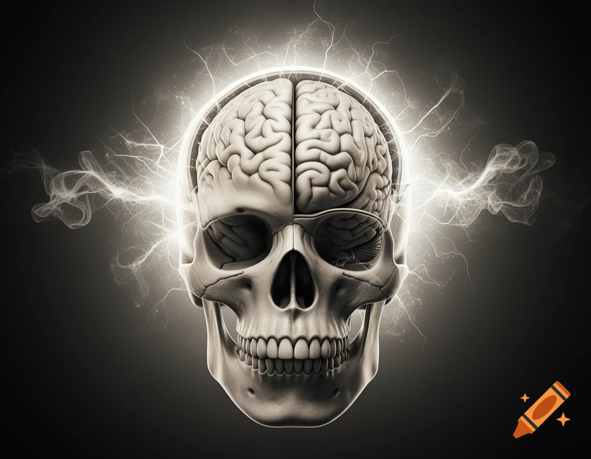 Grayscale human skull with brain exposed, emitting bright electrical energy.