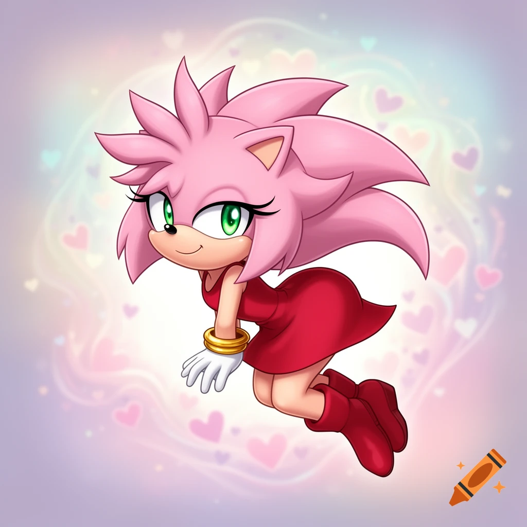 Amy Rose, a pink hedgehog in a red dress, leans forward with a smile, surrounded by glowing hearts.