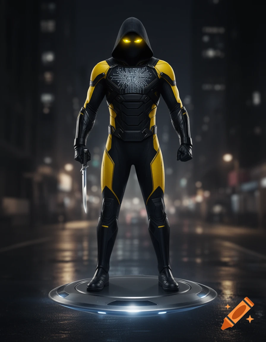 A hooded figure in a black and yellow superhero suit with glowing eyes stands on a metallic disc, holding a knife, against a blurred city night background.