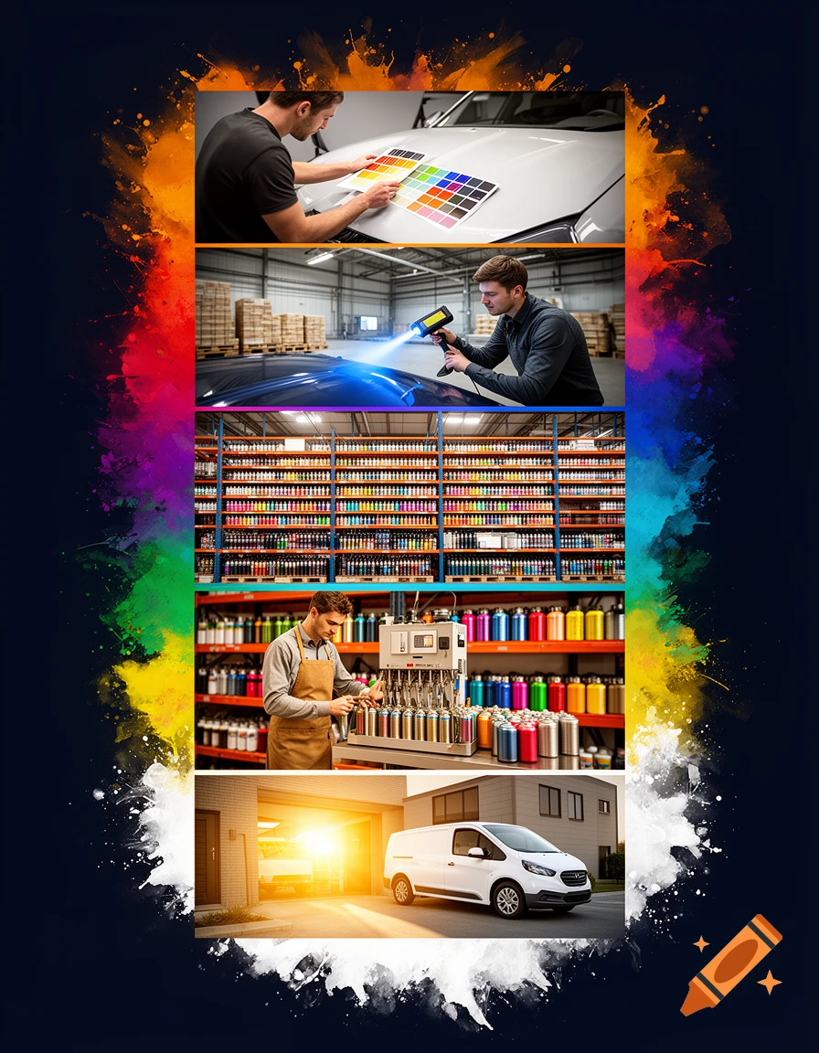 Multi-panel image depicting custom paint mixing: color selection, car scanning, warehouse, mixing machine, and delivery van, framed by vibrant paint splashes.