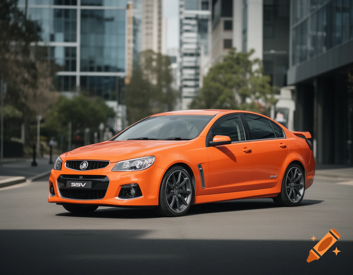 Photorealistic orange sedan with SSV badging and dark grey wheels, parked on a city street with modern buildings in the background.