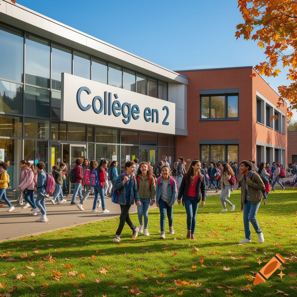 Students walk out of a modern school building with a sign saying 'Collège en 2' on a sunny autumn day.