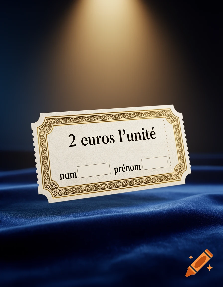 A beige raffle ticket with gold ornate borders, displaying '2 euros l'unité', 'num', and 'prénom' with blank lines, resting on blue velvet under a spotlight.