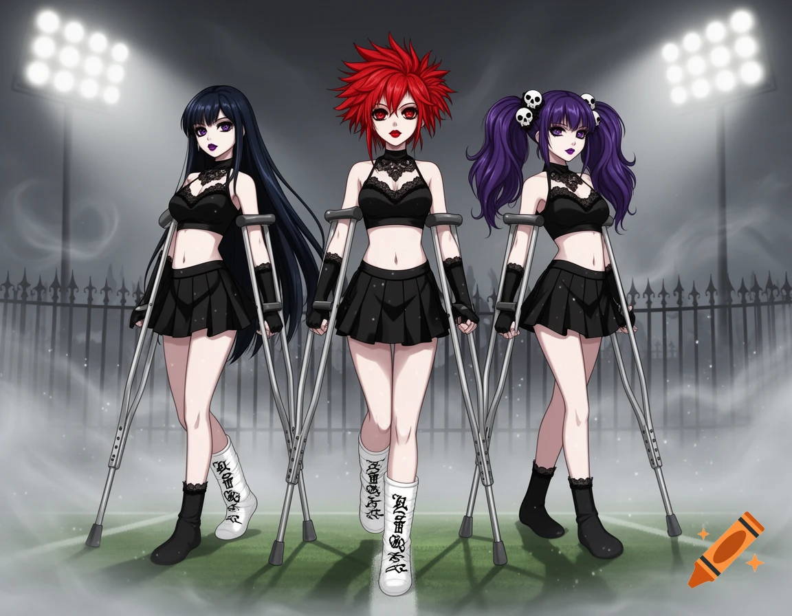 Three anime-style goth cheerleaders with dark hair, black outfits, and red eyes, standing on crutches with casts on their ankles against a stadium background.