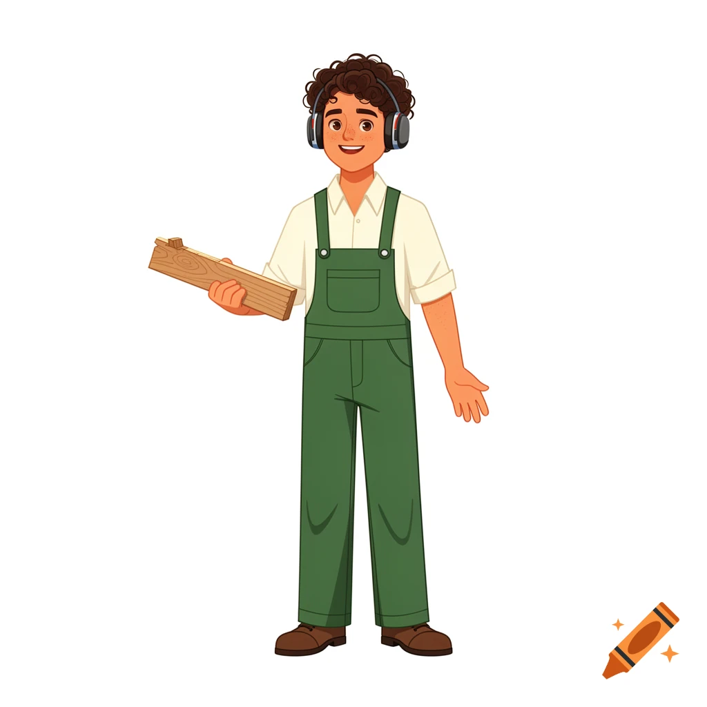 Friendly young male woodworker with curly hair, headphones, green overalls, and a cream shirt, holding a piece of wood. Clean vector style on a white background.