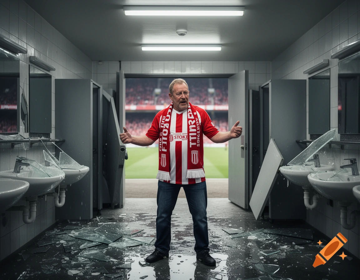 A Stoke City fan in a vandalized stadium restroom with broken sinks and glass, giving a thumbs-up, a stadium visible outside.