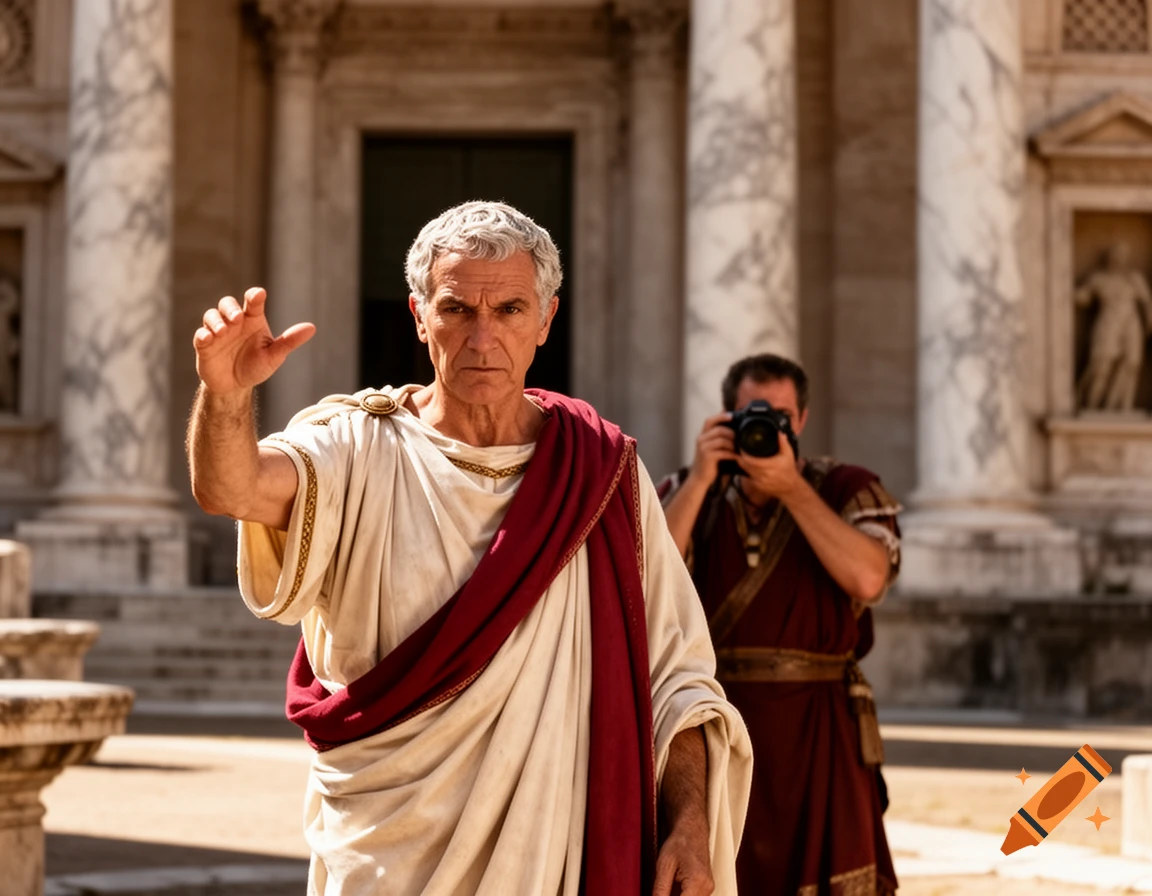 A grey-haired man in a white toga and red sash raises his hand, looking sternly forward. In the blurred background, another man in Roman-style clothing holds a modern DSLR camera, aiming it forward, against a backdrop of ancient marble columns.