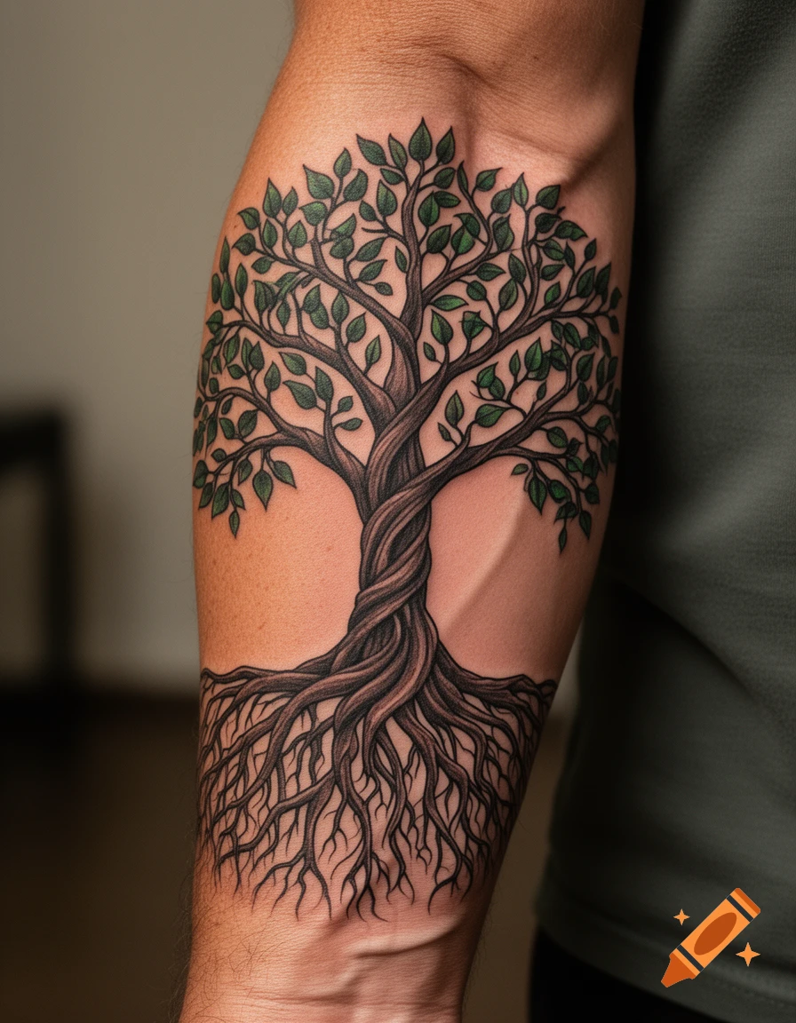 Detailed tattoo of a tree of life with intricate roots and branches on a person's forearm.
