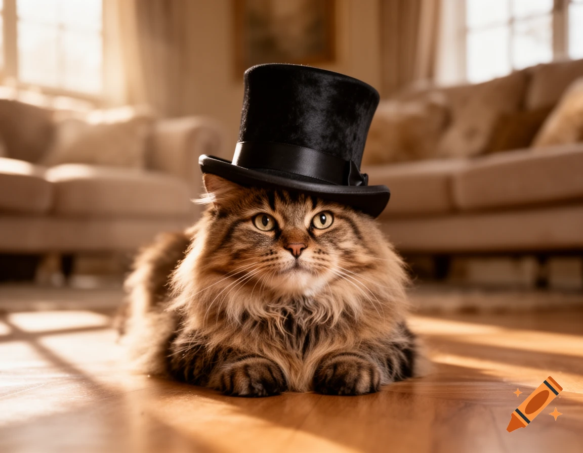 A fluffy brown and black tabby cat wearing a black top hat, lying on a wooden floor in a sunlit room.
