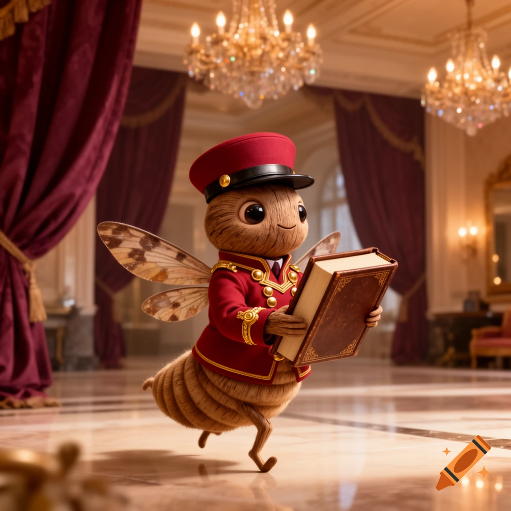 A cute, anthropomorphic woodworm bellhop in a red uniform and cap carries a book through a luxurious hotel lobby.